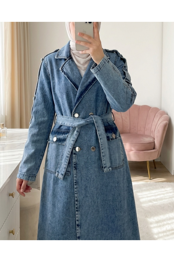 Cepli Beli Kemerli Düğmeli Kot Trençkot  -Buz Mavi