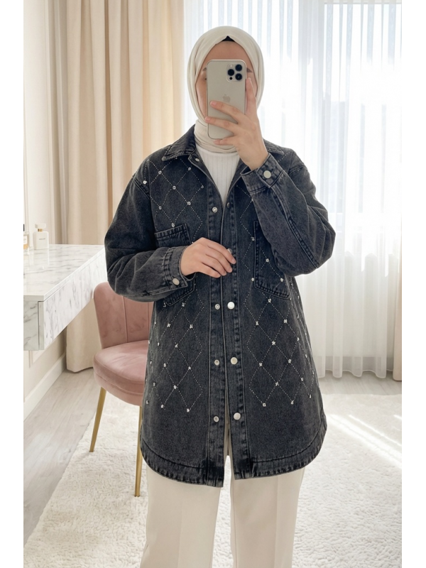 جاكيت جينز بأزرار أمامية مزين بأحجار الراين وجيبين -لون مدخن