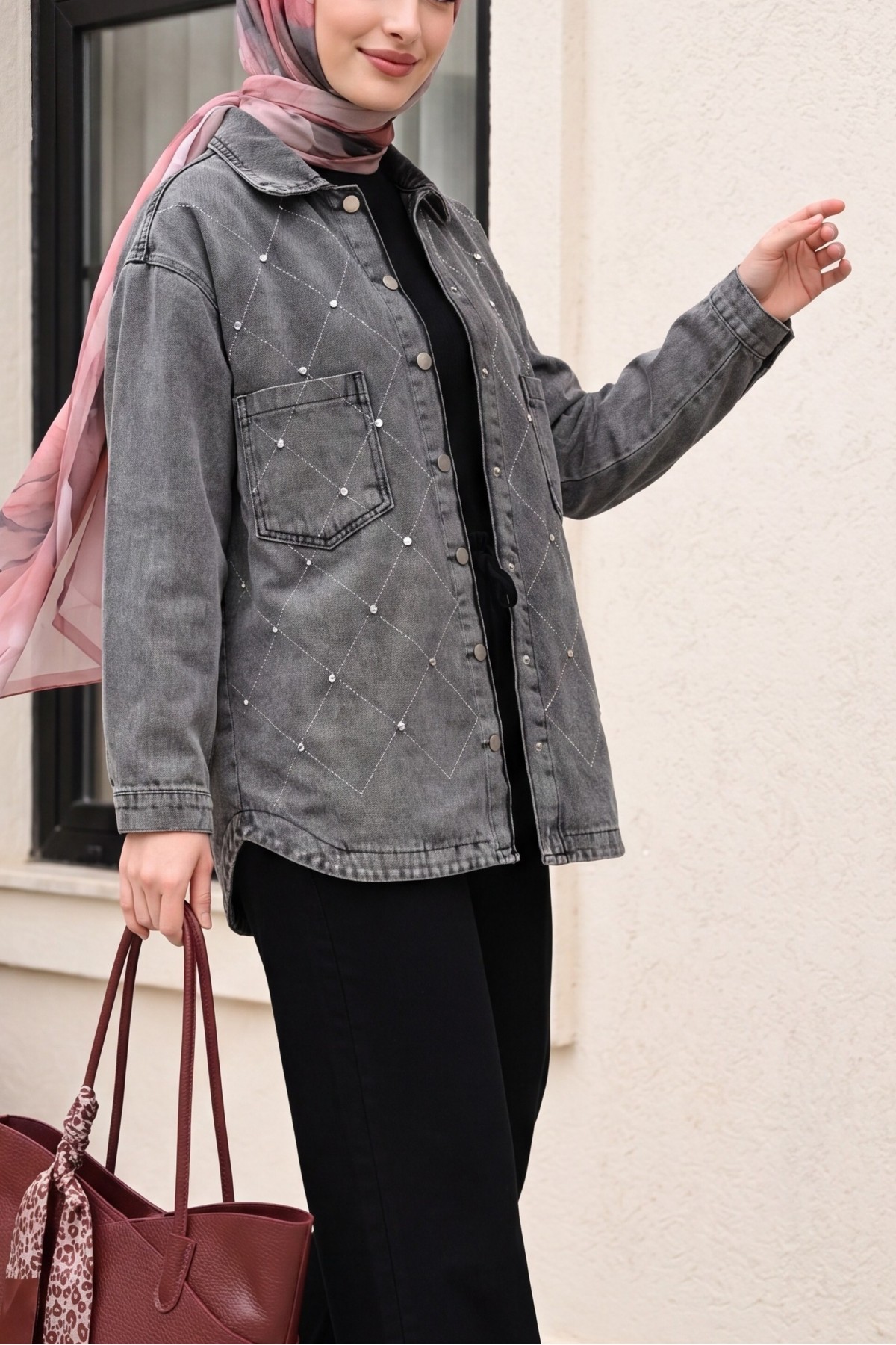 Double Pocket, Rhinestone Embellished Button-Front Denim Jacket -Smoked 