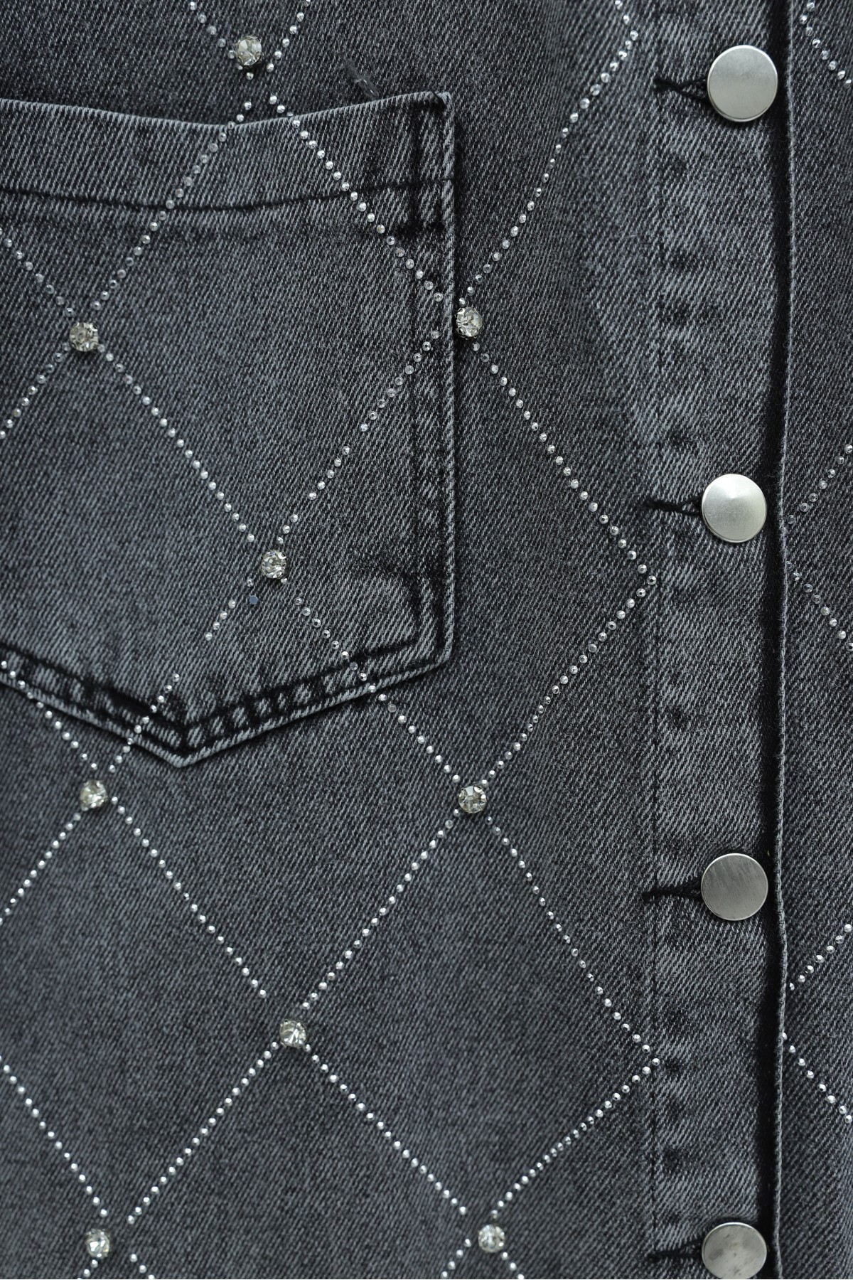 Double Pocket, Rhinestone Embellished Button-Front Denim Jacket -Smoked 