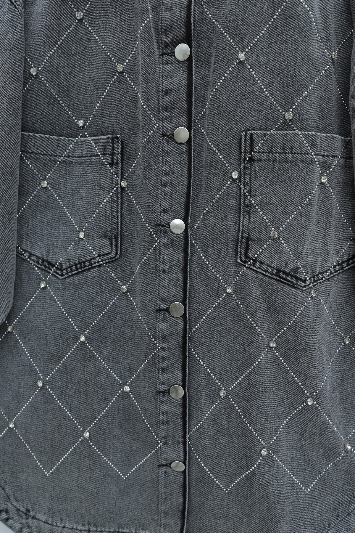 Double Pocket, Rhinestone Embellished Button-Front Denim Jacket -Smoked 