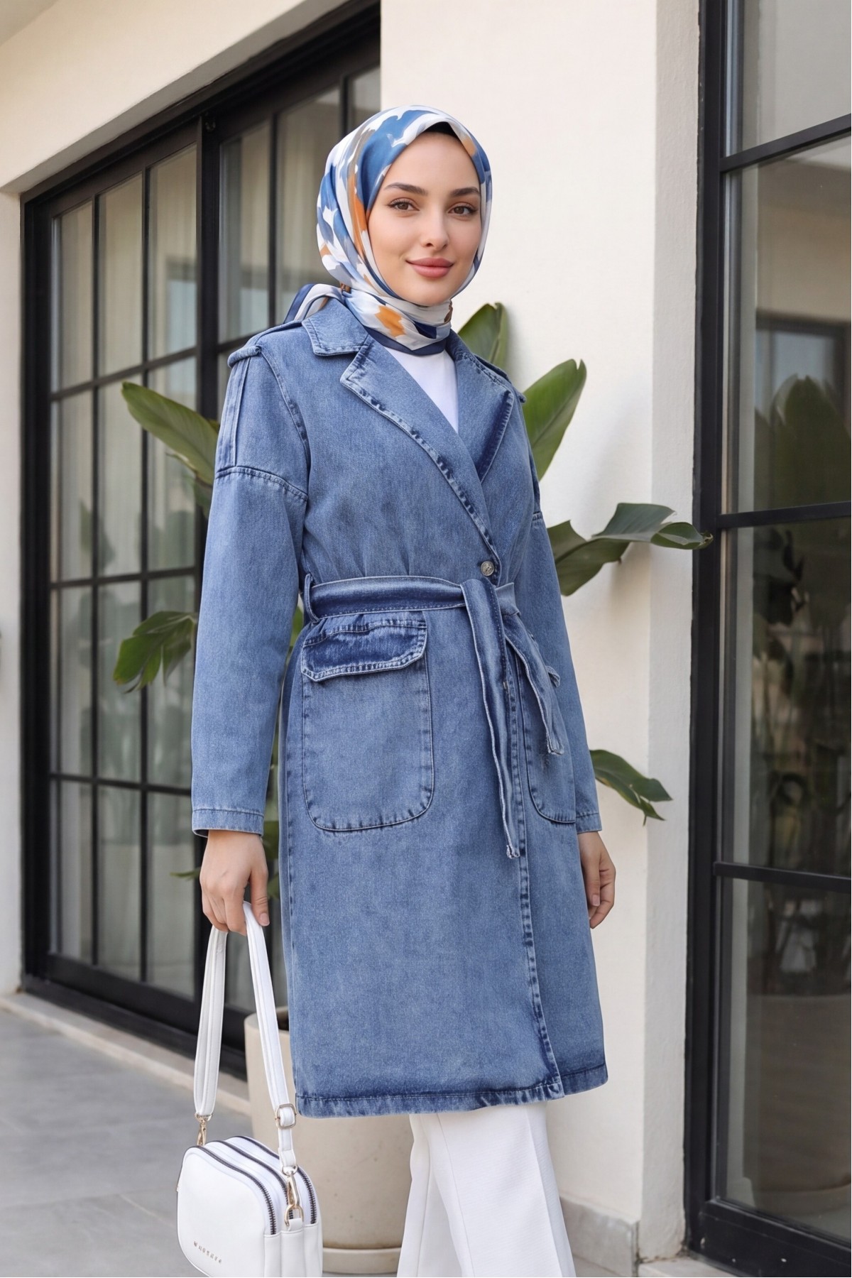 Denim Trench Coat with Shoulder Epaulets, Pockets and Belt -Ice Blue