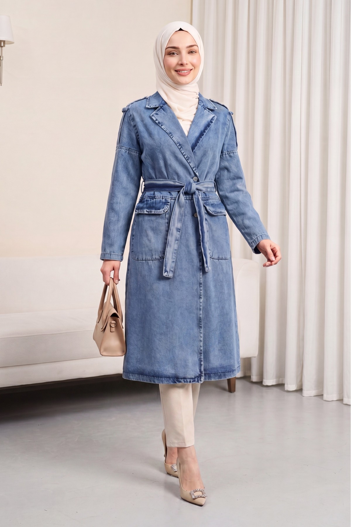 Denim Trench Coat with Shoulder Epaulets, Pockets and Belt -Ice Blue