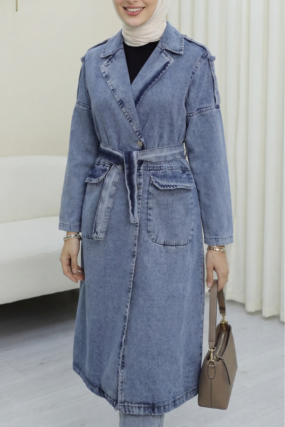 Denim Trench Coat with Shoulder Epaulets, Pockets and Belt -Ice Blue