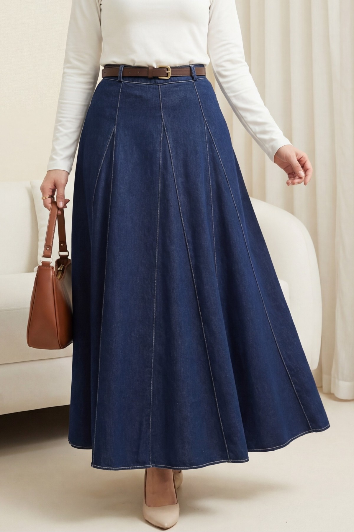 Tokalı Kemerli Fermuarlı Parçalı Kot Etek -Laci