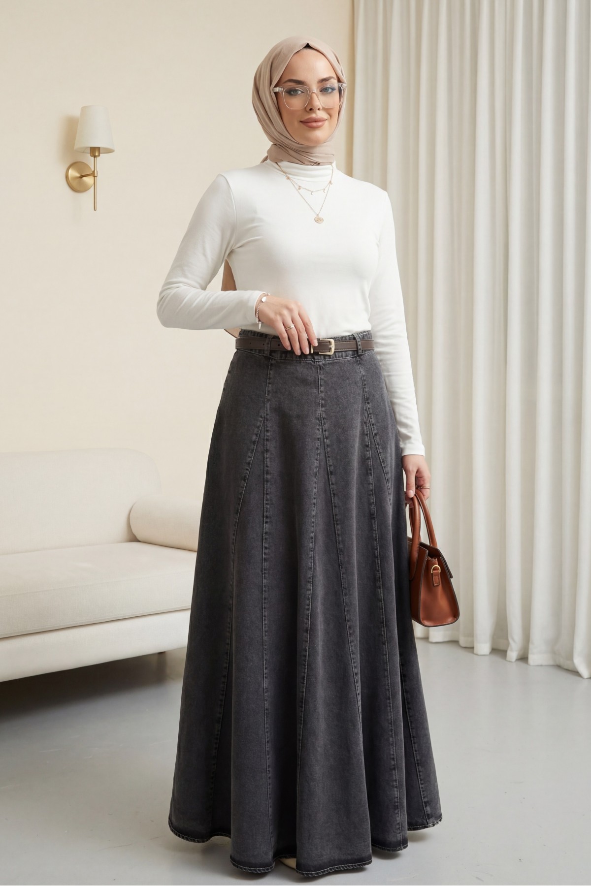 Tokalı Kemerli Fermuarlı Parçalı Kot Etek -Füme