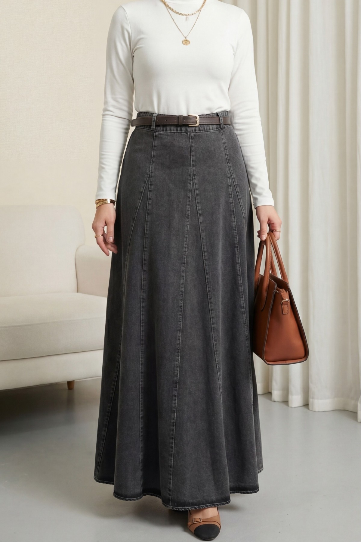 Tokalı Kemerli Fermuarlı Parçalı Kot Etek -Füme