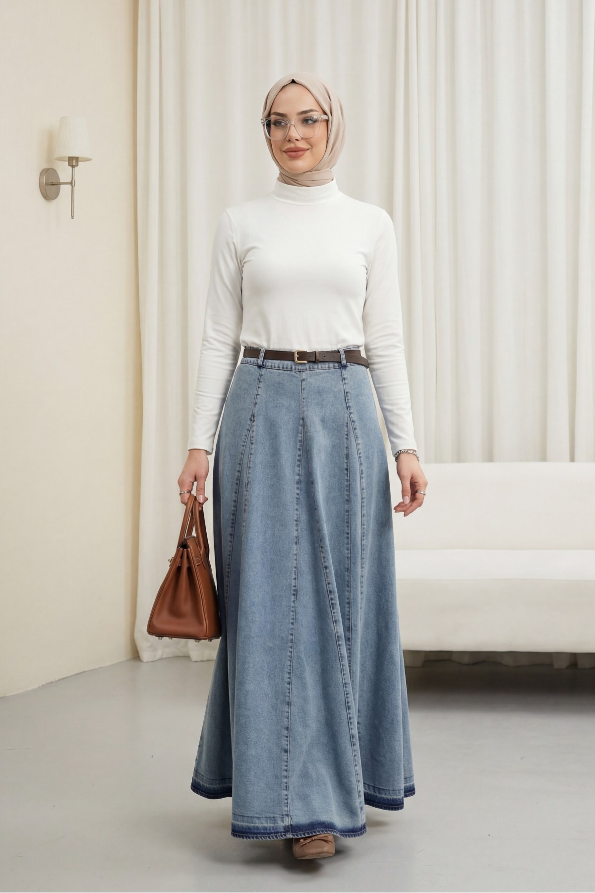Tokalı Kemerli Fermuarlı Parçalı Kot Etek -Buz Mavi