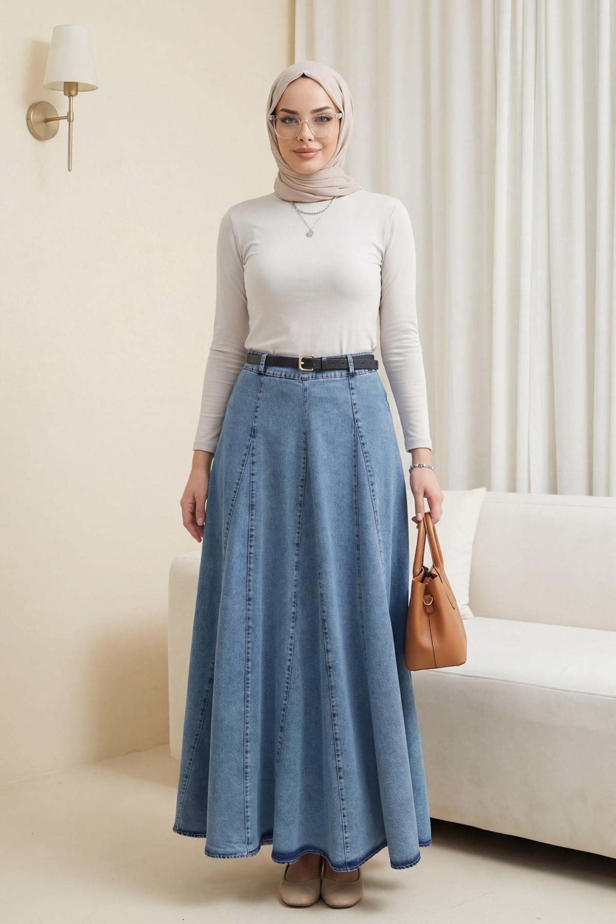 Tokalı Kemerli Fermuarlı Parçalı Kot Etek -Buz Mavi