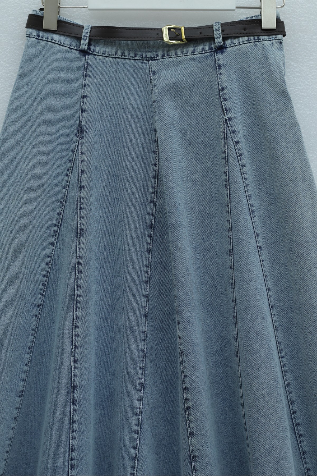 Tokalı Kemerli Fermuarlı Parçalı Kot Etek -Buz Mavi