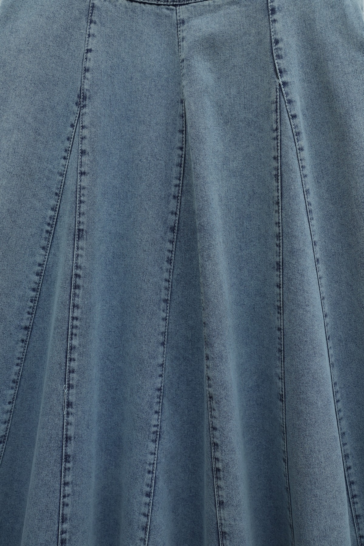 Tokalı Kemerli Fermuarlı Parçalı Kot Etek -Buz Mavi