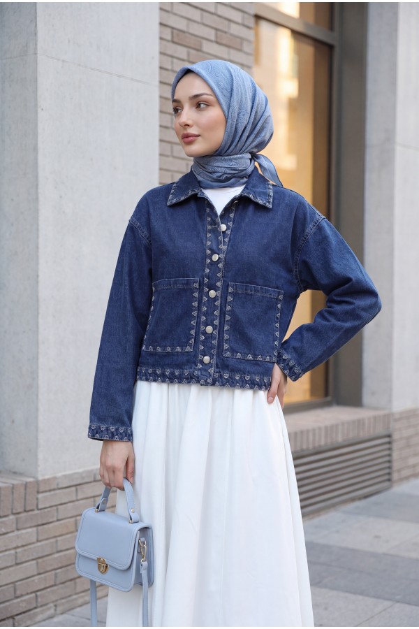 Shepherd Embroidered Buttoned Denim Jacket -Dark blue