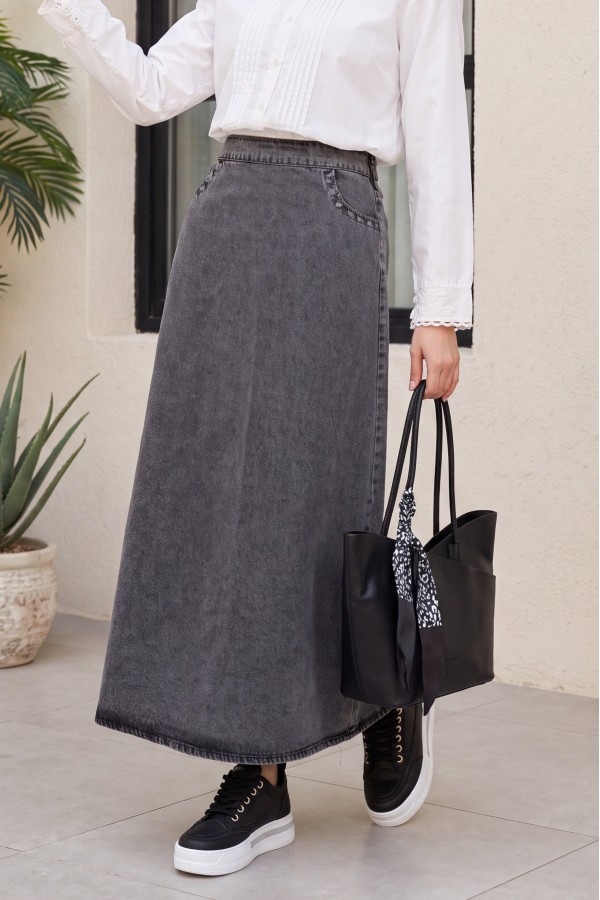 Denim Skirt with Half Elastic Waistband, Pockets and Embroidered Details -Smoked 