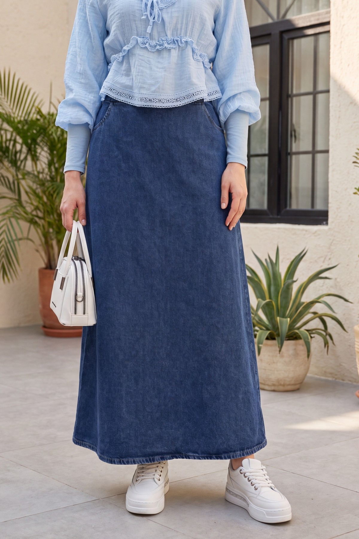 Denim Skirt with Half Elastic Waistband, Pockets and Embroidered Details -Dark blue
