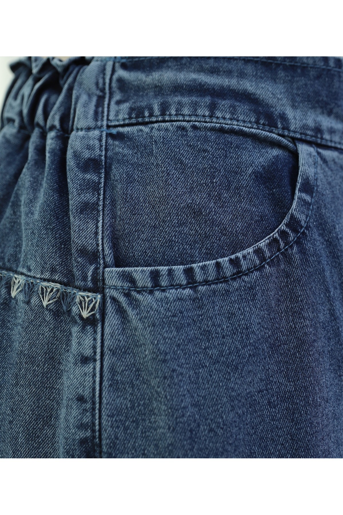 Denim Skirt with Half Elastic Waistband, Pockets and Embroidered Details -Dark blue