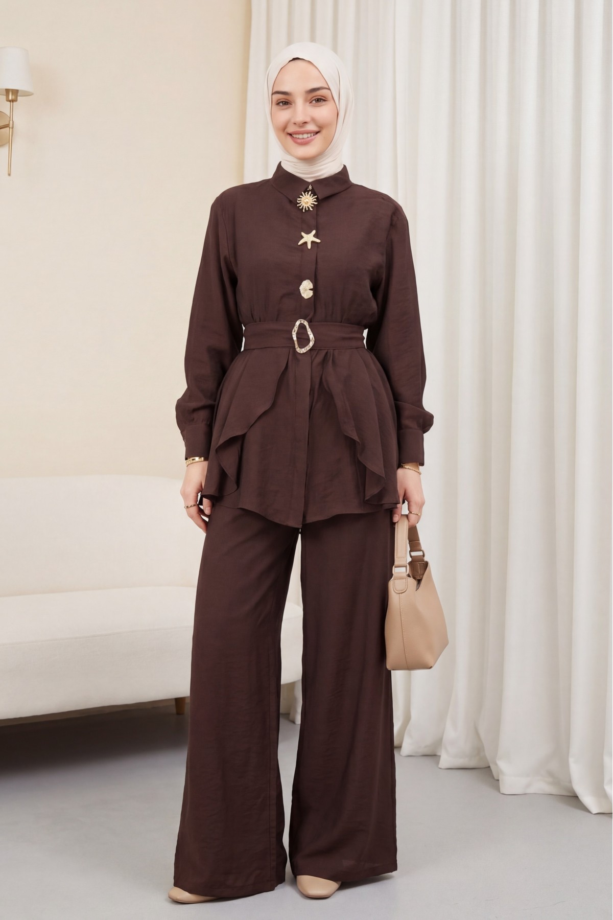 Cupra Suit with Elastic Waist, Belt, Pockets, and Lined Trousers -Dark Coffee