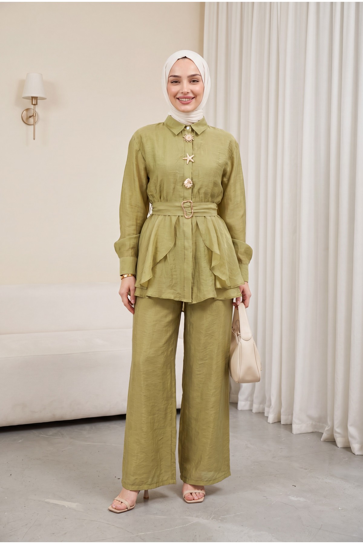 Cupra Suit with Elastic Waist, Belt, Pockets, and Lined Trousers -Oil Green