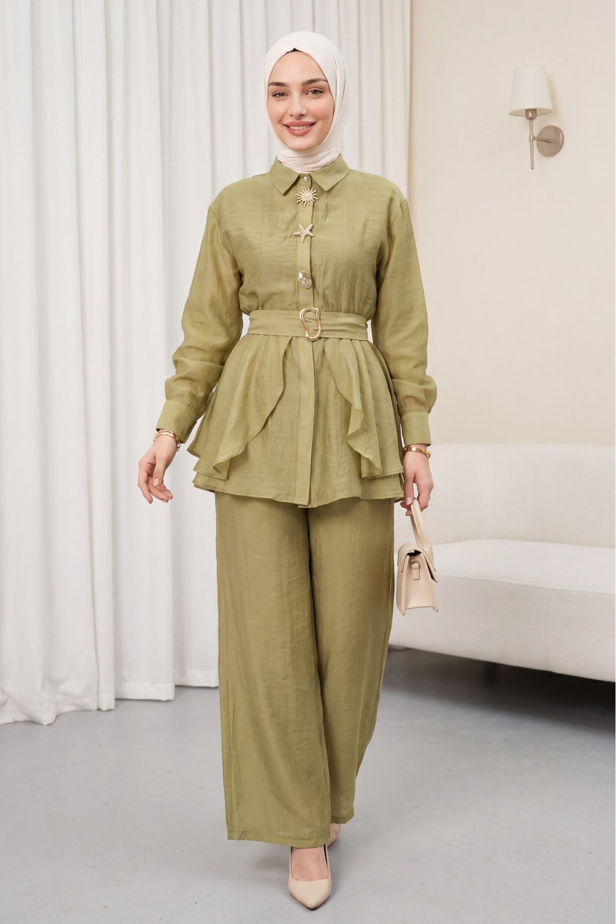 Cupra Suit with Elastic Waist, Belt, Pockets, and Lined Trousers -Oil Green