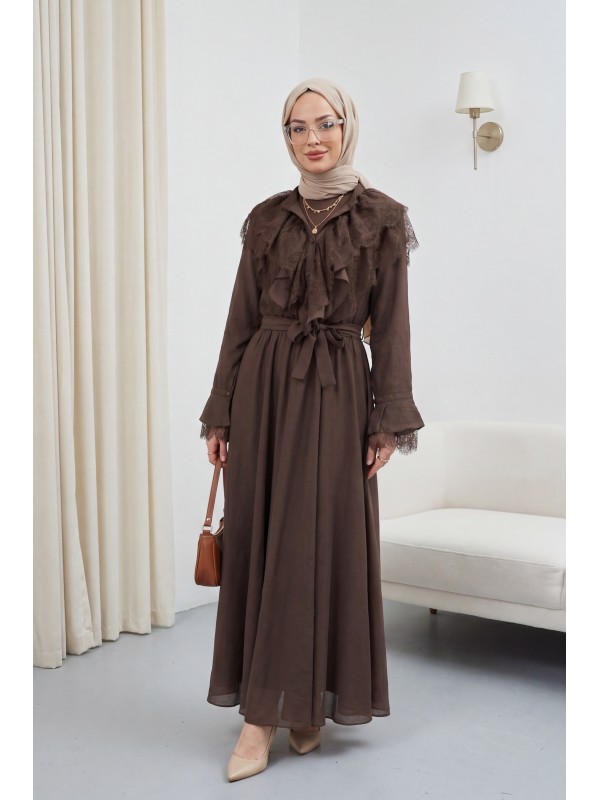 Belted, Elasticated Waist, Half-Button Closure, Tie-Neck, Ruffled, Lined Cupra Dress -Dark Coffee