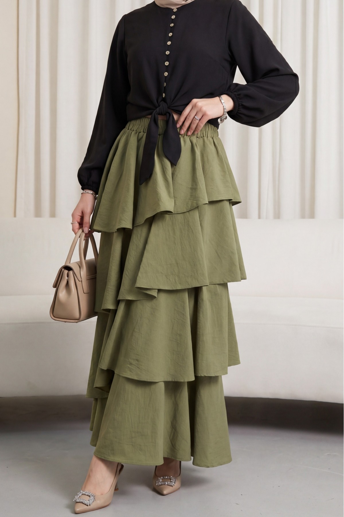 Cupra Skirt with Elastic Waist and Layered Lining -Khaki