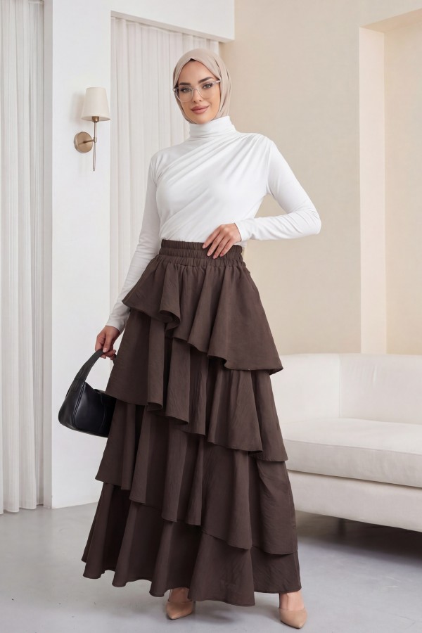 تنورة كوبرا بخصر مطاطي وبطانة متعددة الطبقات -بنى