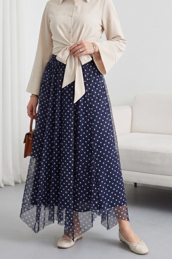 تنورة شيفون غير متماثلة، ذات ألواح، مبطنة، مع خصر مطاطي. -كحلي