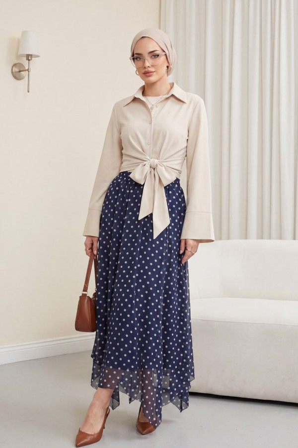 تنورة شيفون غير متماثلة، ذات ألواح، مبطنة، مع خصر مطاطي. -كحلي