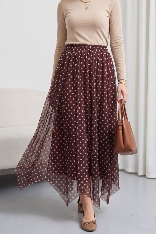 تنورة شيفون غير متماثلة، ذات ألواح، مبطنة، مع خصر مطاطي. -بوردو