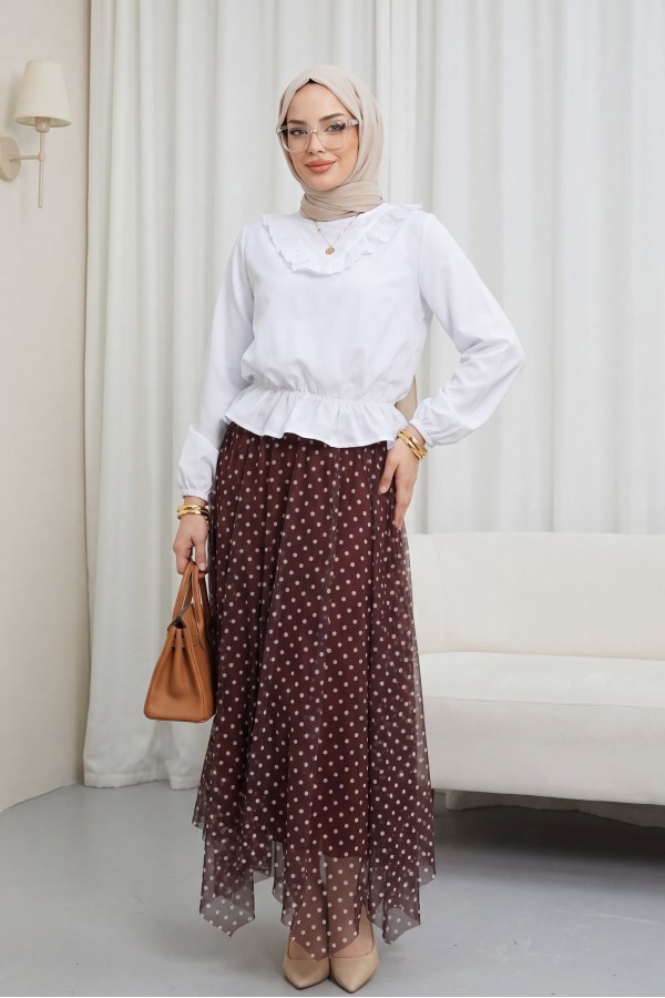 تنورة شيفون غير متماثلة، ذات ألواح، مبطنة، مع خصر مطاطي. -بوردو