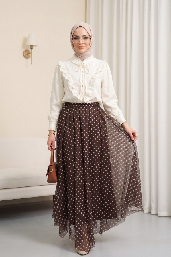 تنورة شيفون غير متماثلة، ذات ألواح، مبطنة، مع خصر مطاطي. -بنى