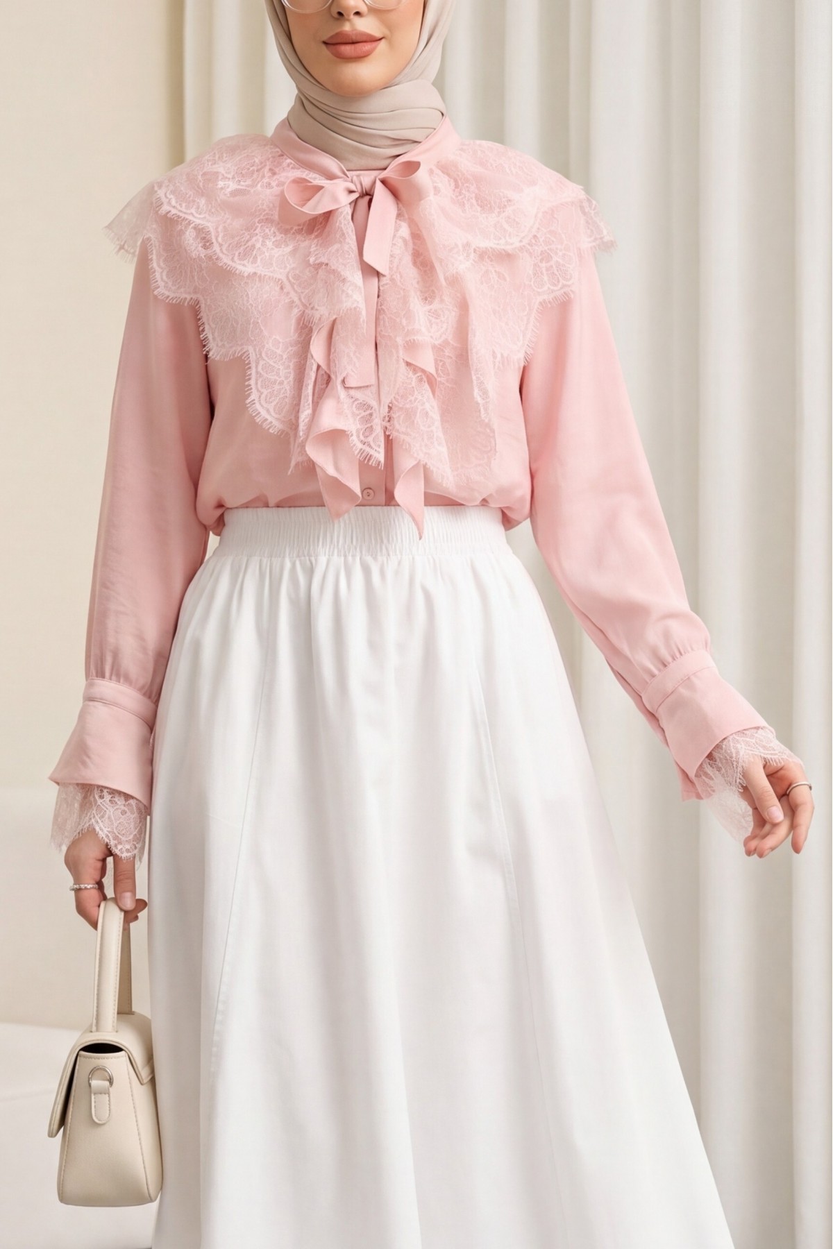 Long Back Cupra Shirt with Lace Detail and Lace Neckline   -Powder