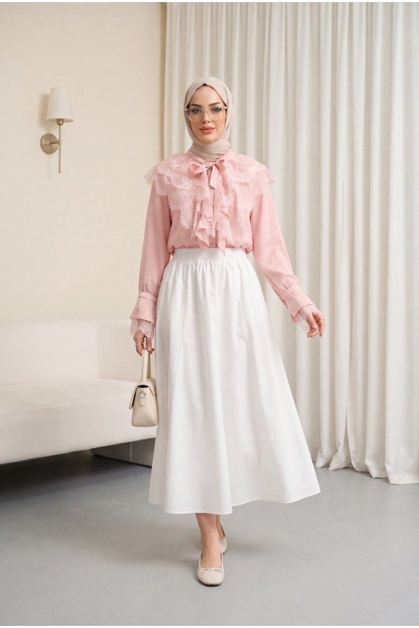 Long Back Cupra Shirt with Lace Detail and Lace Neckline   -Powder