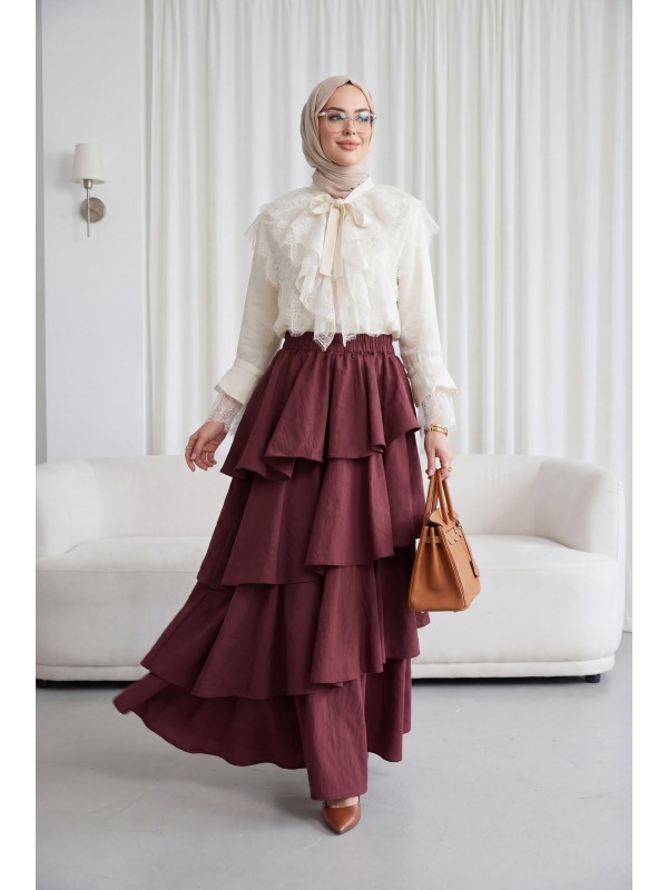 Yakası Bağcıklı Fırfırlı Dantel Detaylı Arkası Uzun Cupra Gömlek   -Ekru