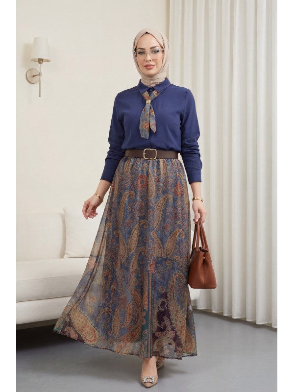 طقم تنورة طويلة بأزرار ونقشة عرقية -كحلي