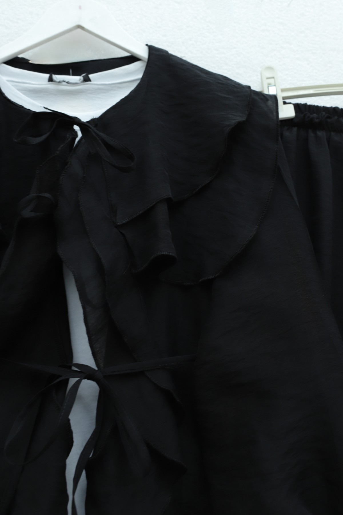 Önü Bağcıklı Kat Yakalı Kolu Lastikli Pantolonu Astarlı Cupra Takım  -Siyah