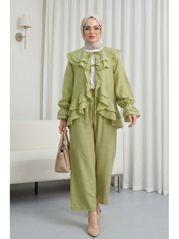 Önü Bağcıklı Kat Yakalı Kolu Lastikli Pantolonu Astarlı Cupra Takım  -Yağ Yeşili