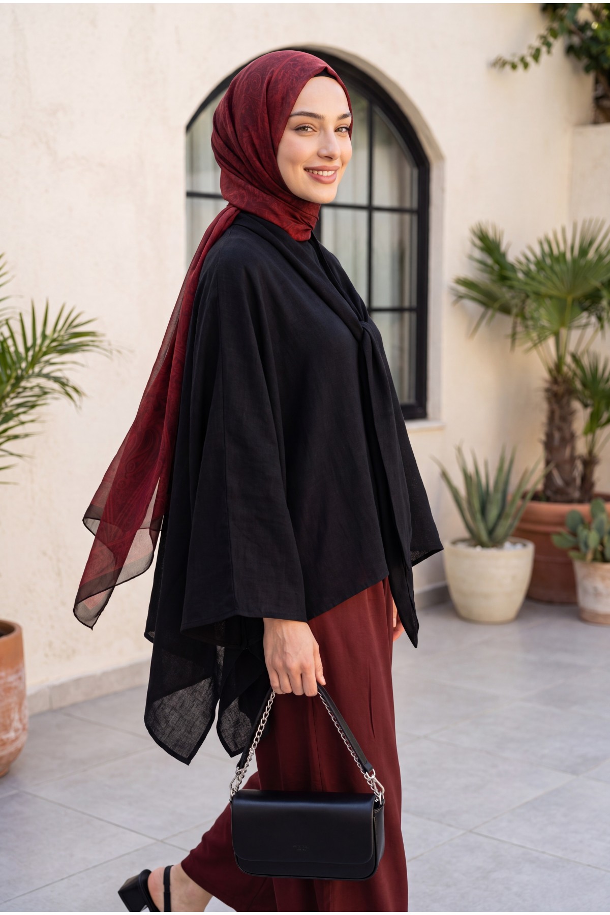 Oversized Poly-Viscose Tunic with Sash and Longer Back -Black