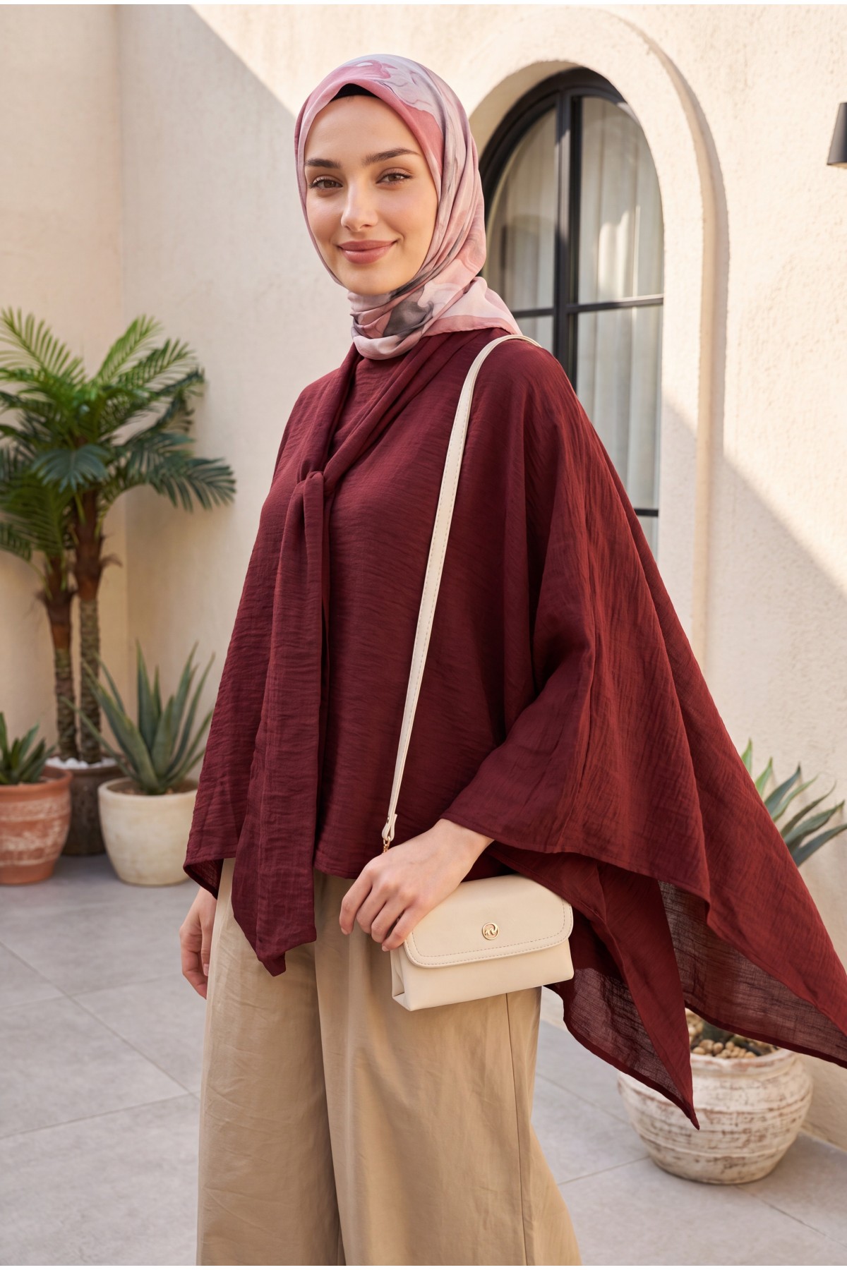 Oversized Poly-Viscose Tunic with Sash and Longer Back -Damson