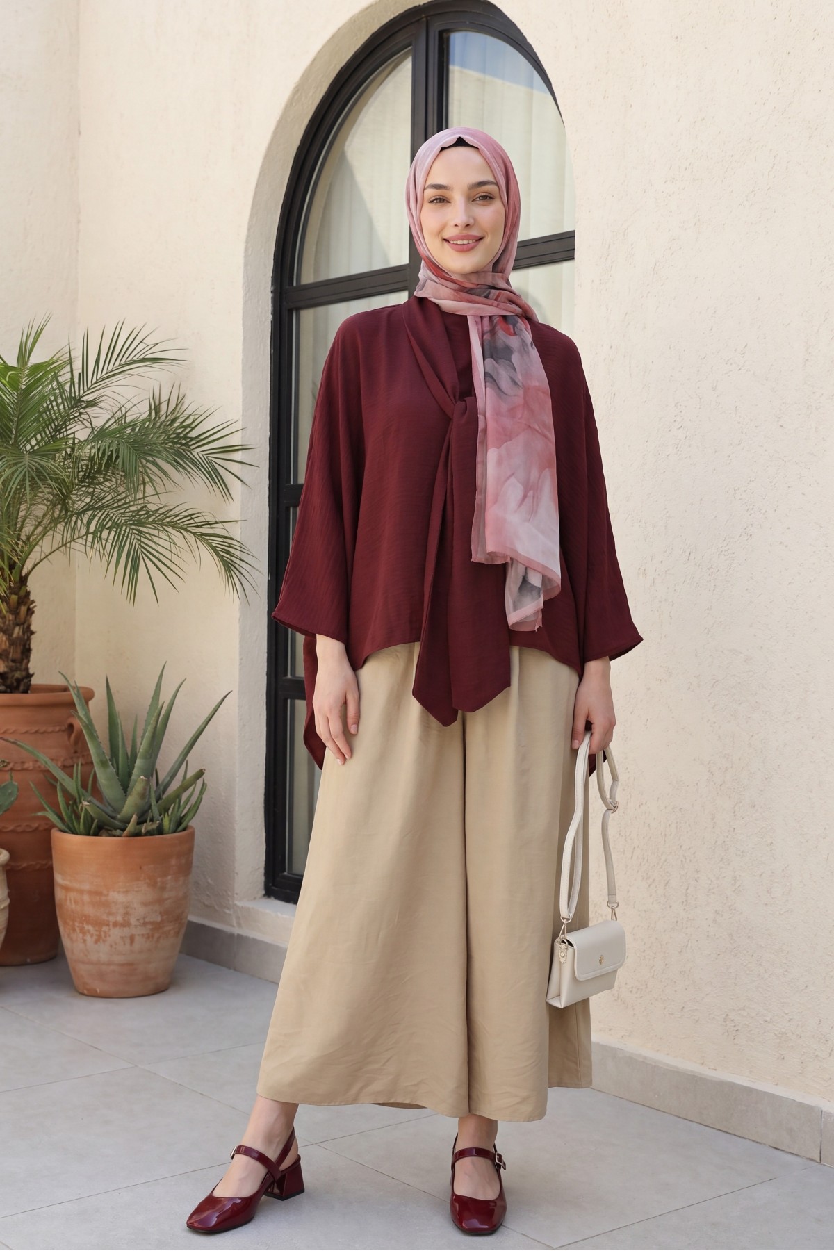 Oversized Poly-Viscose Tunic with Sash and Longer Back -Damson