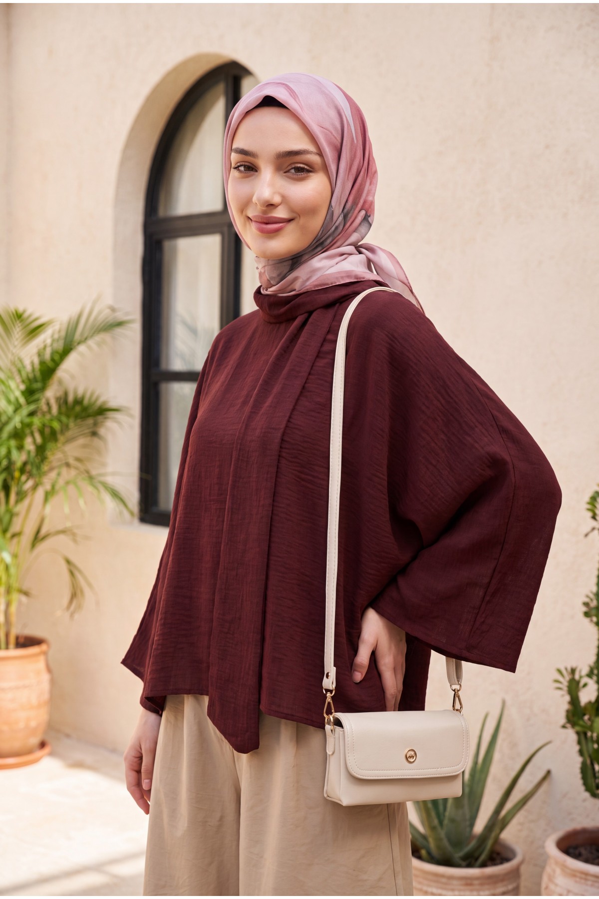 Oversized Poly-Viscose Tunic with Sash and Longer Back -Damson