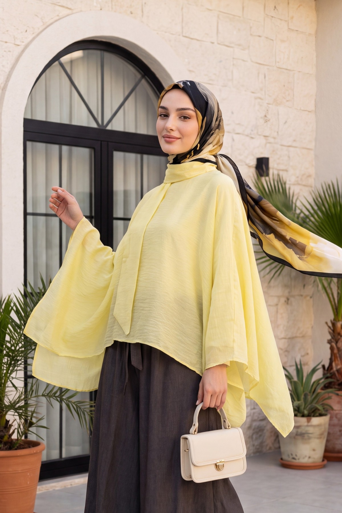 Oversized Poly-Viscose Tunic with Sash and Longer Back -Yellow
