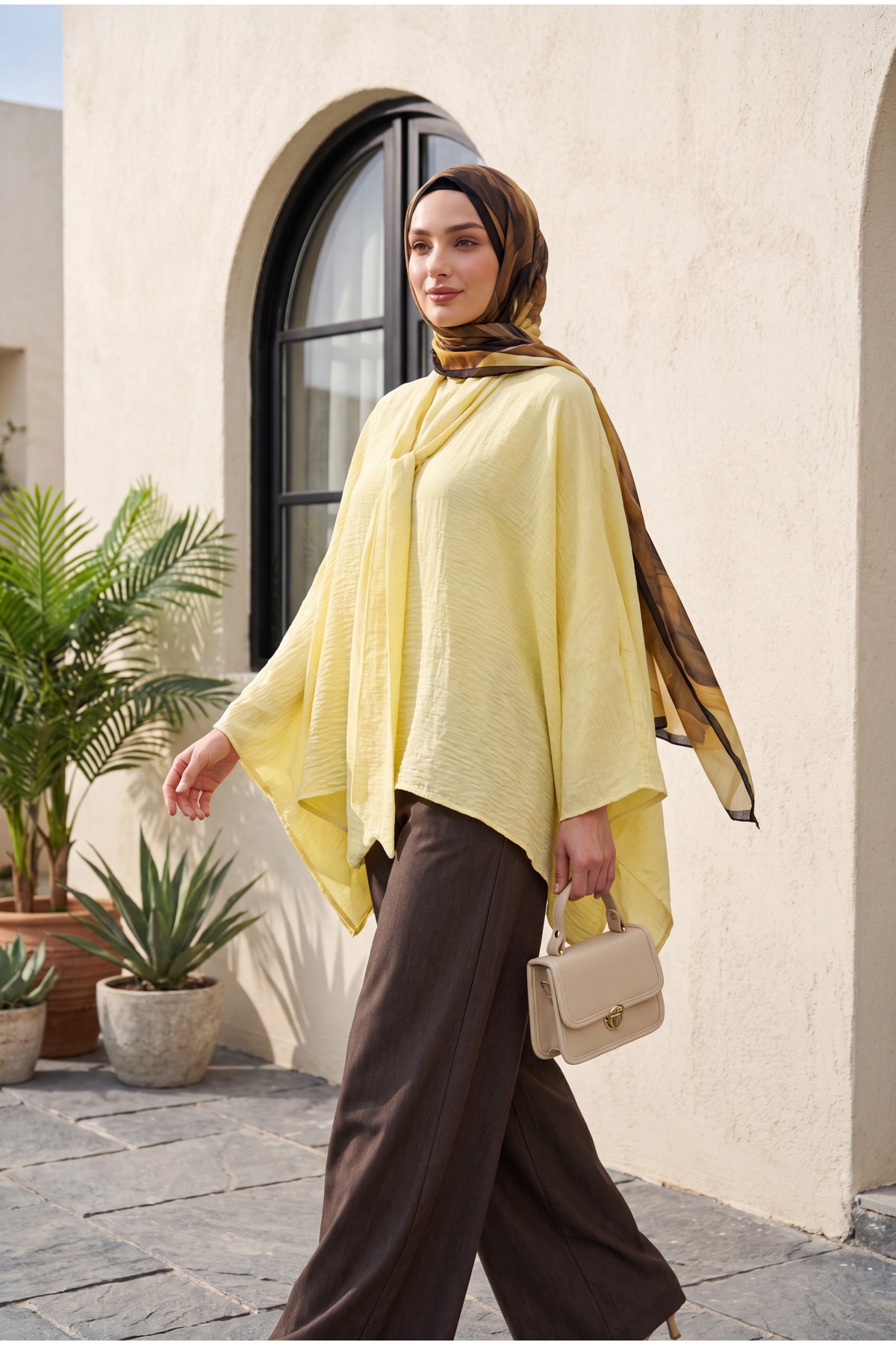 Oversized Poly-Viscose Tunic with Sash and Longer Back -Yellow