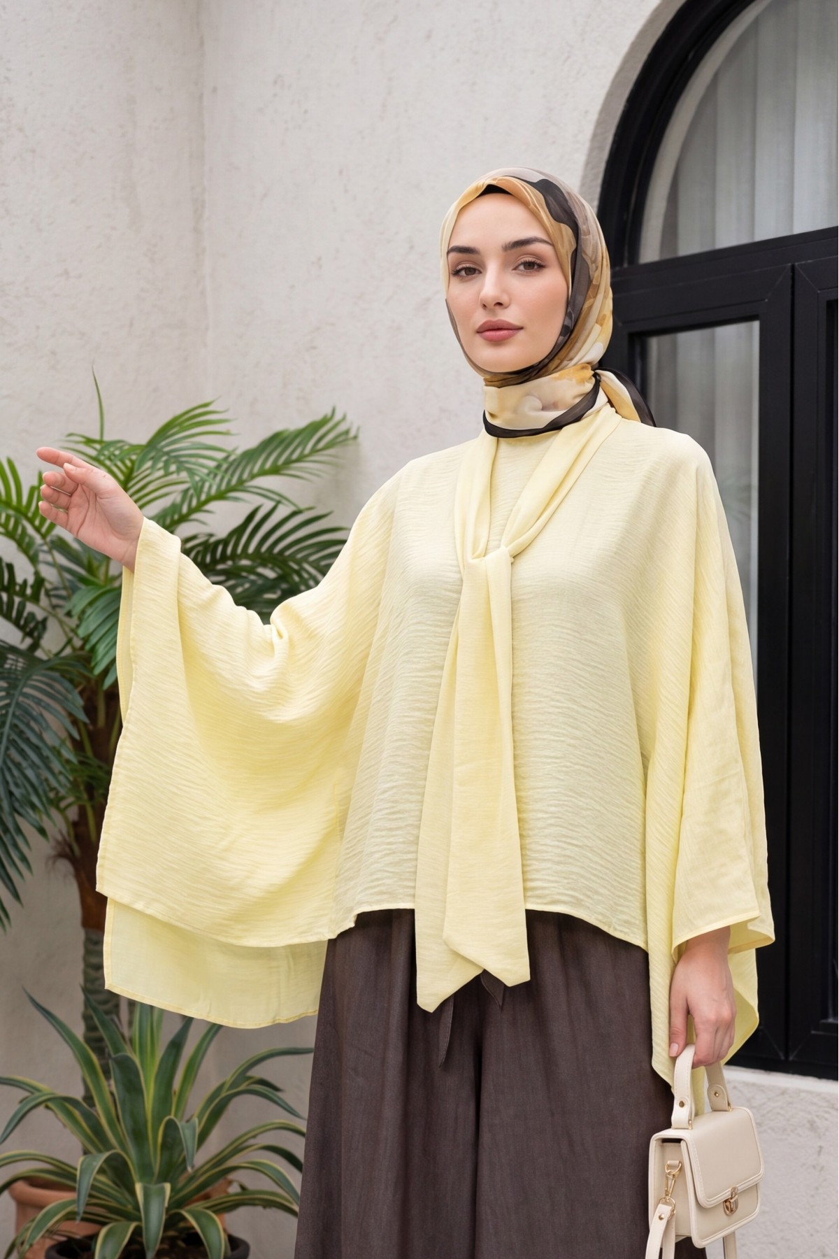 Oversized Poly-Viscose Tunic with Sash and Longer Back -Yellow