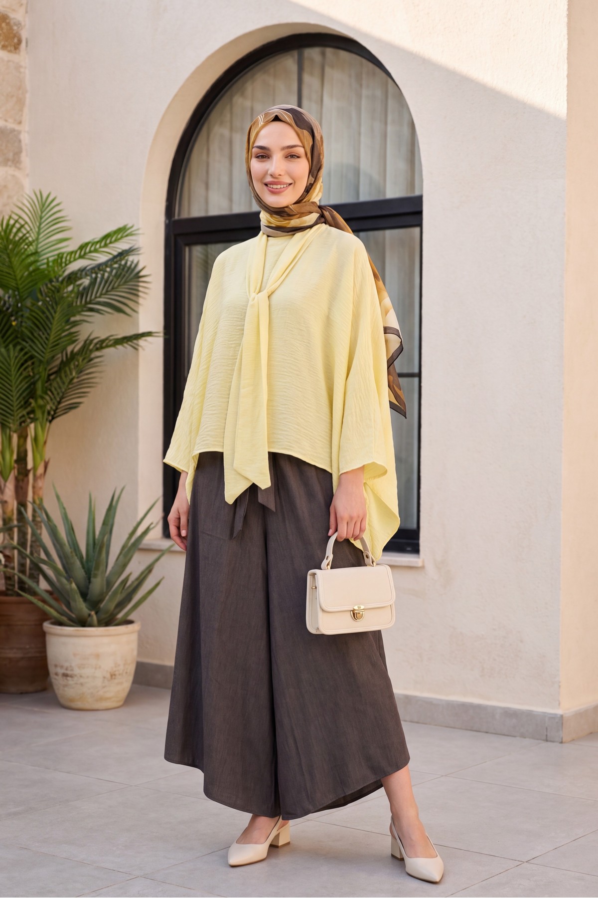 Oversized Poly-Viscose Tunic with Sash and Longer Back -Yellow