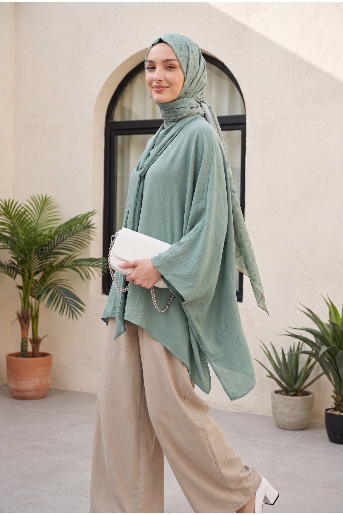 Oversized Poly-Viscose Tunic with Sash and Longer Back -Mint Color