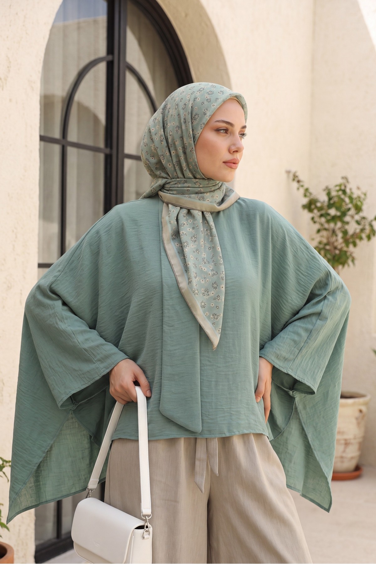 Oversized Poly-Viscose Tunic with Sash and Longer Back -Mint Color