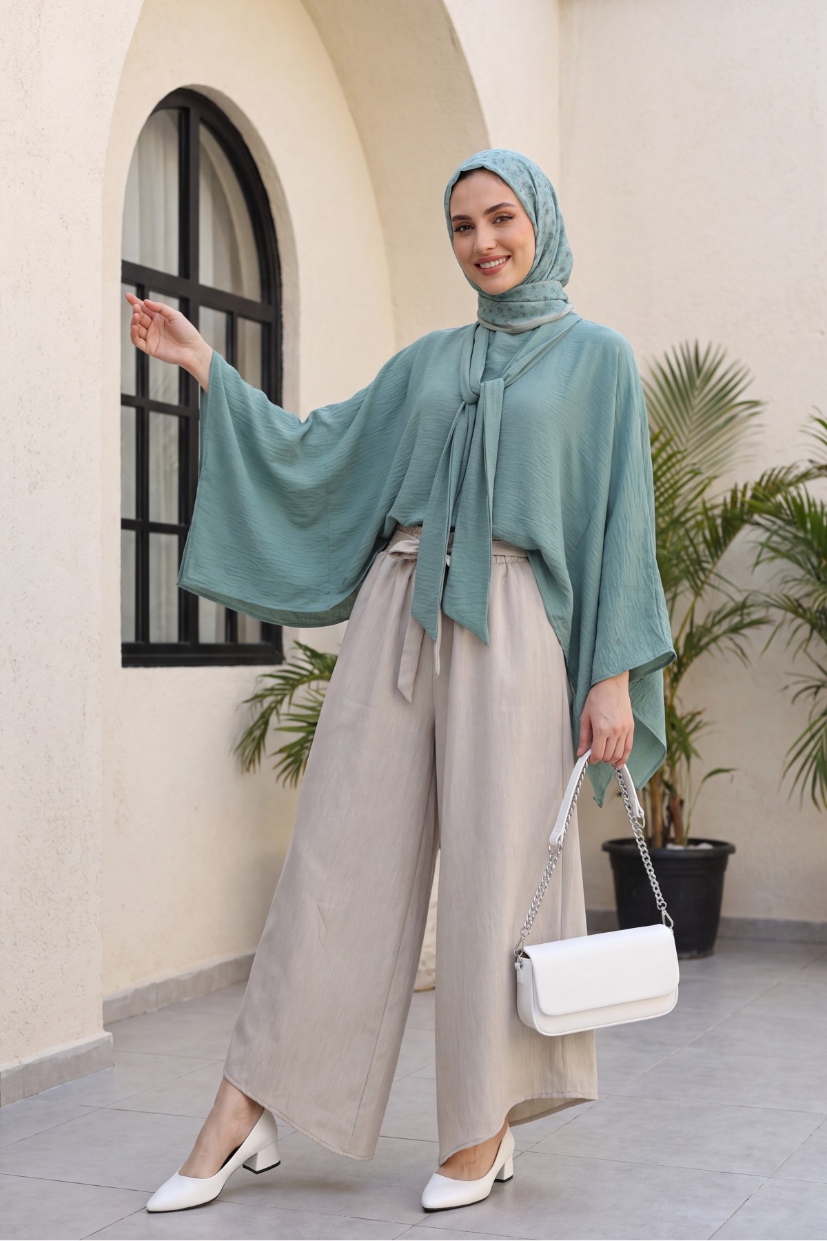 Oversized Poly-Viscose Tunic with Sash and Longer Back -Mint Color