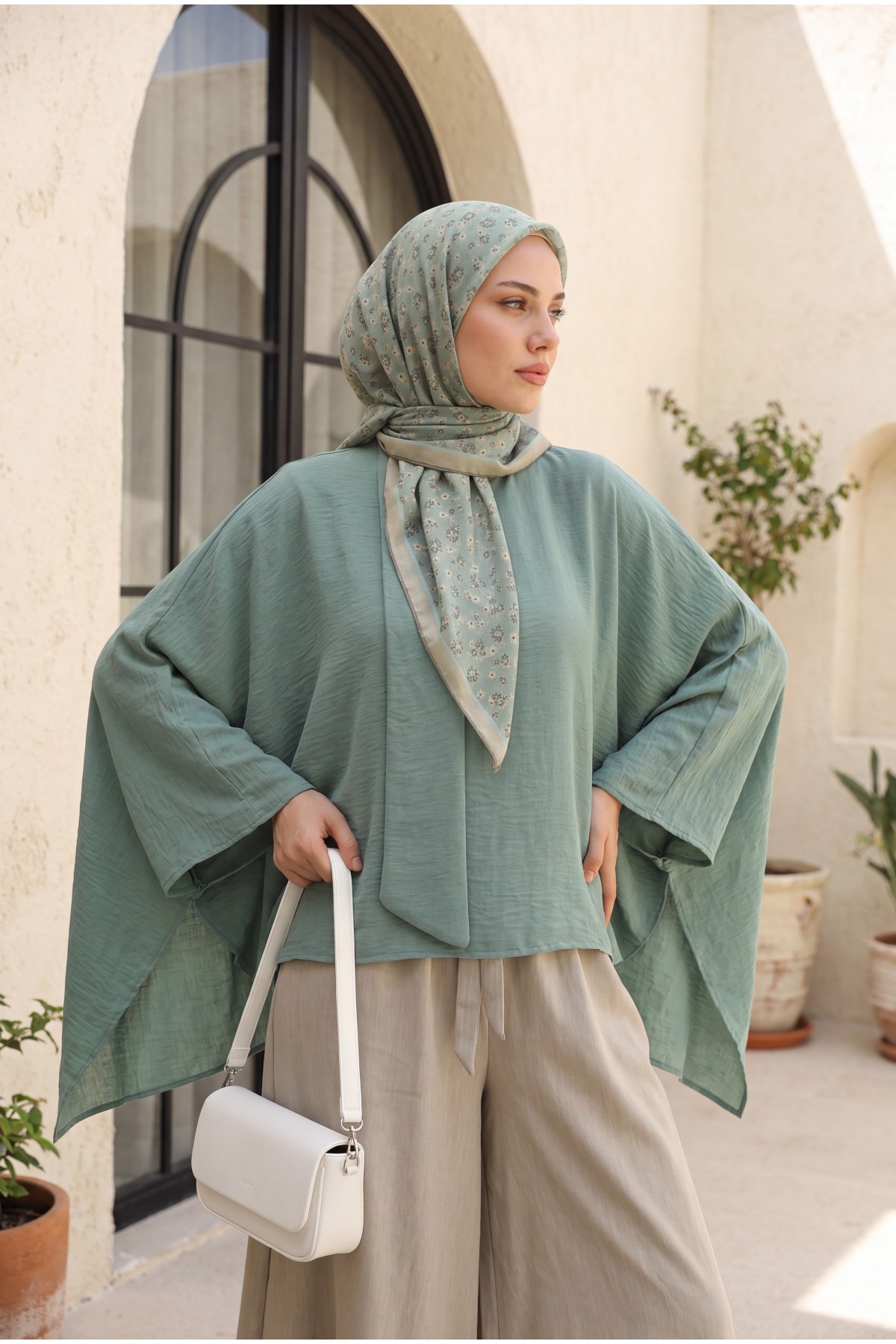 Oversized Poly-Viscose Tunic with Sash and Longer Back -Mint Color
