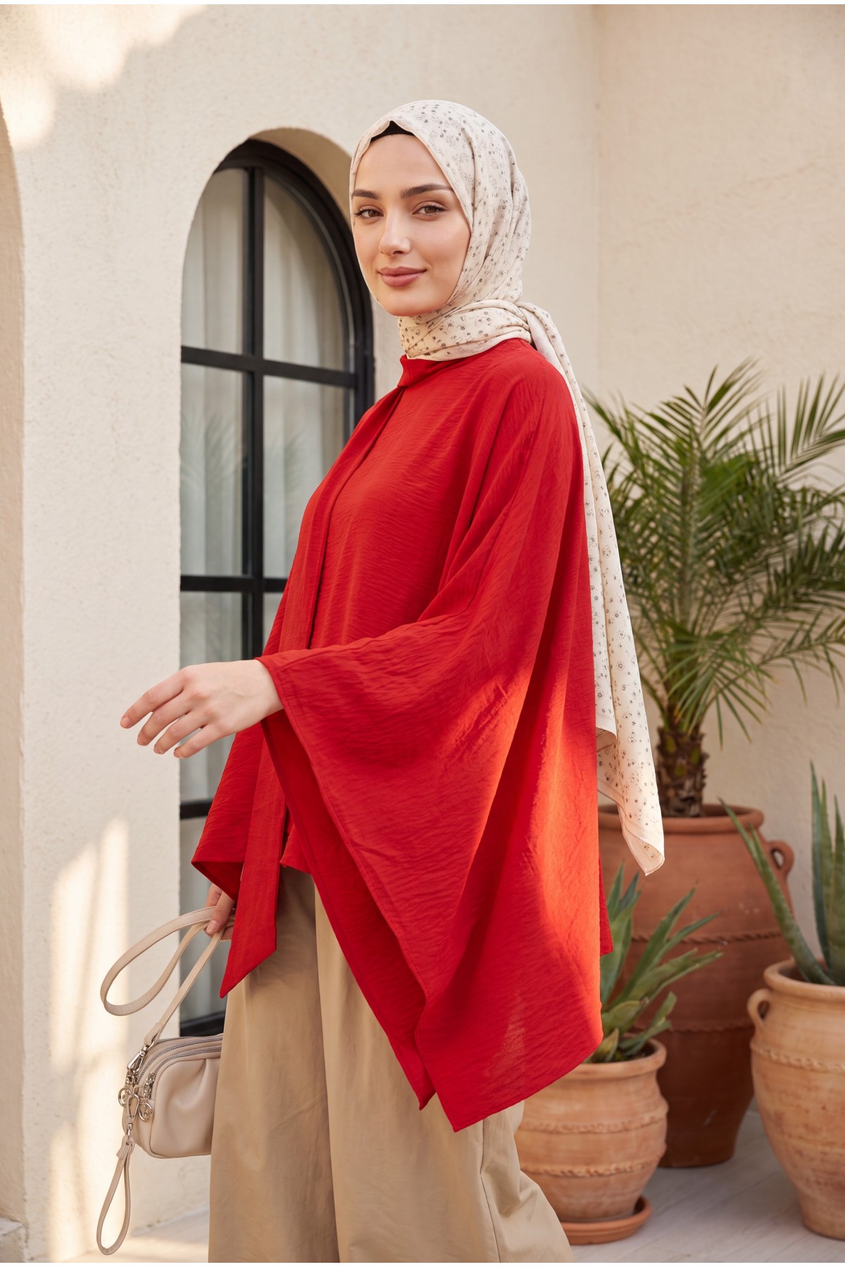 Oversized Poly-Viscose Tunic with Sash and Longer Back -Red