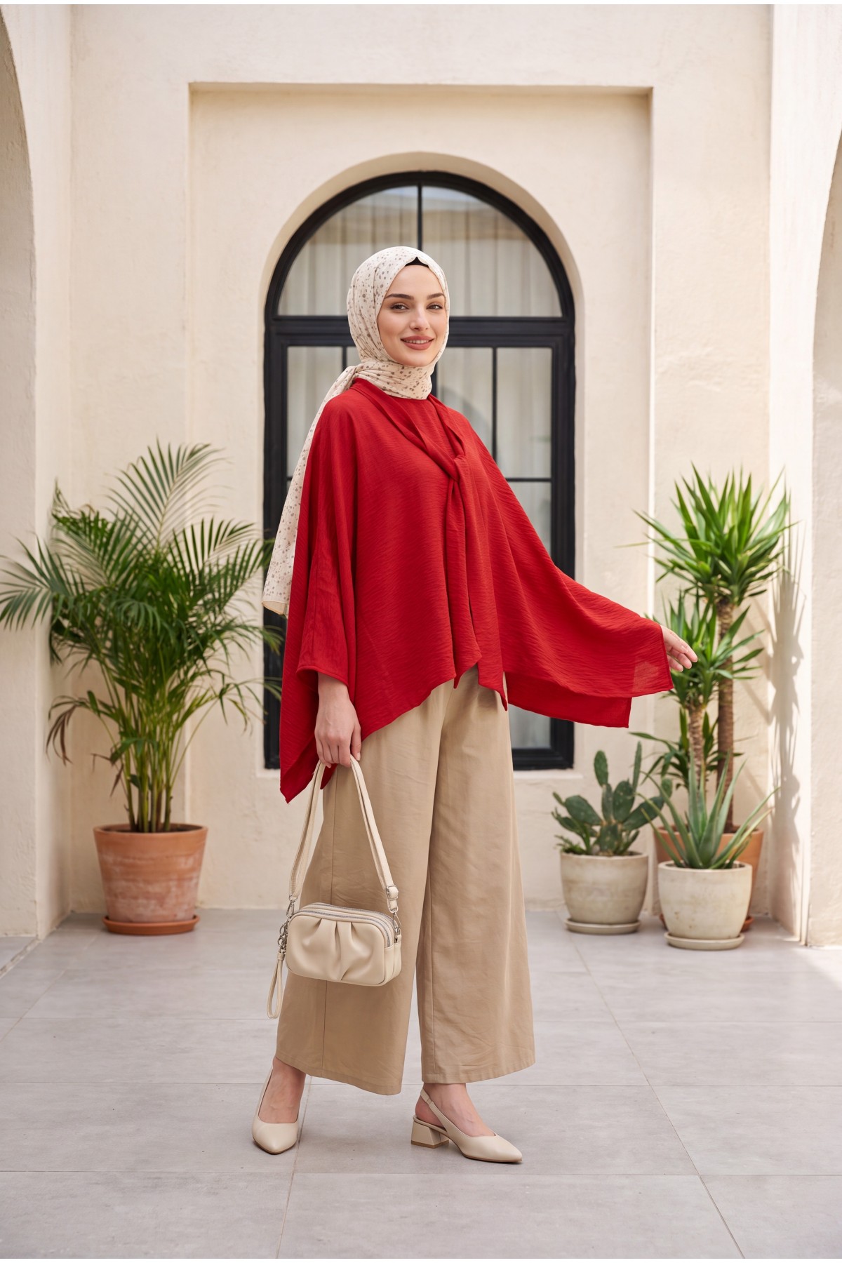 Oversized Poly-Viscose Tunic with Sash and Longer Back -Red